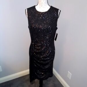 NWT Tahari ASL Sequin Side Rouched Drape Dress Black - 8